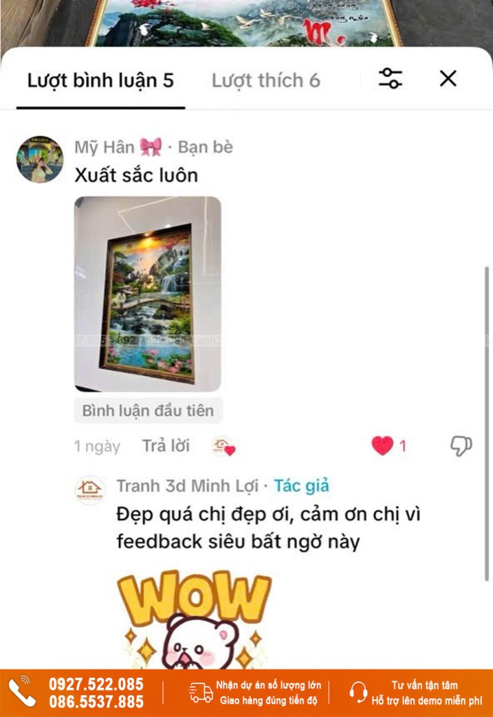 feedback khách hàng tranh kính cường lực phủ kim tuyến toàn phần mẫu sơn thuỷ