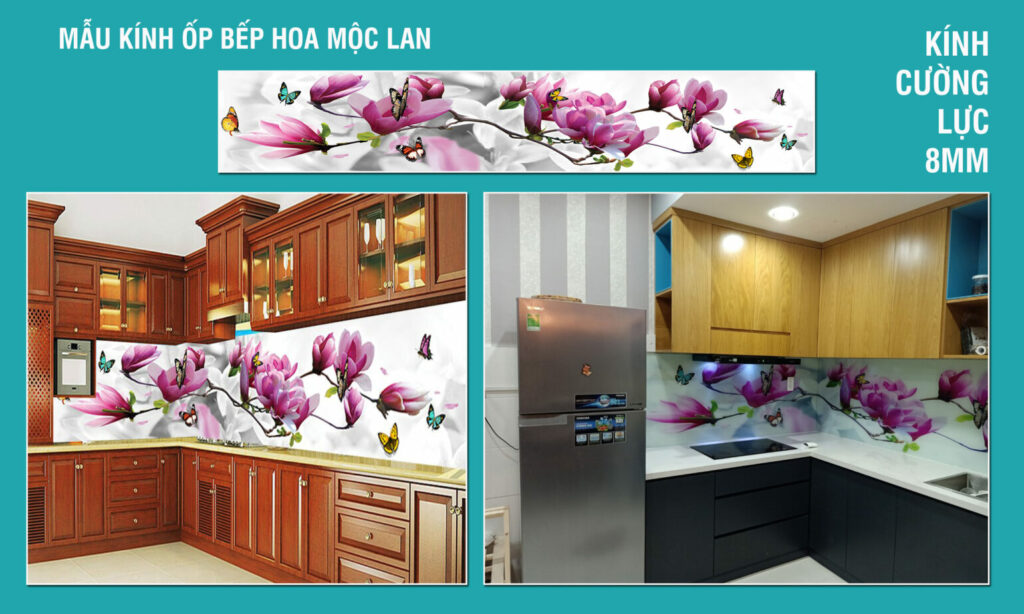 Tranh kính ốp bếp hoa mộc lan ảnh thật gia thi công tại TRANH 3D MINH LỢI