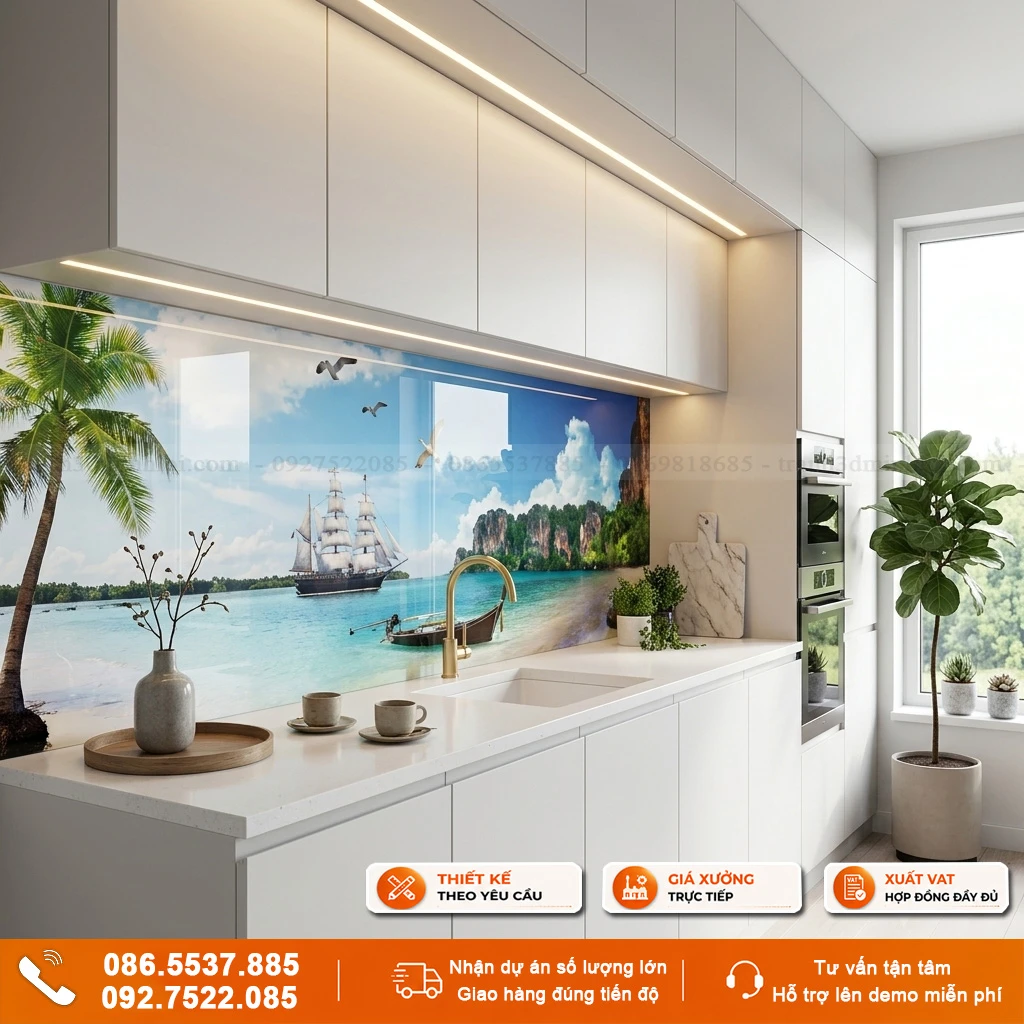 Kính ốp bếp mẫu phong cảnh
