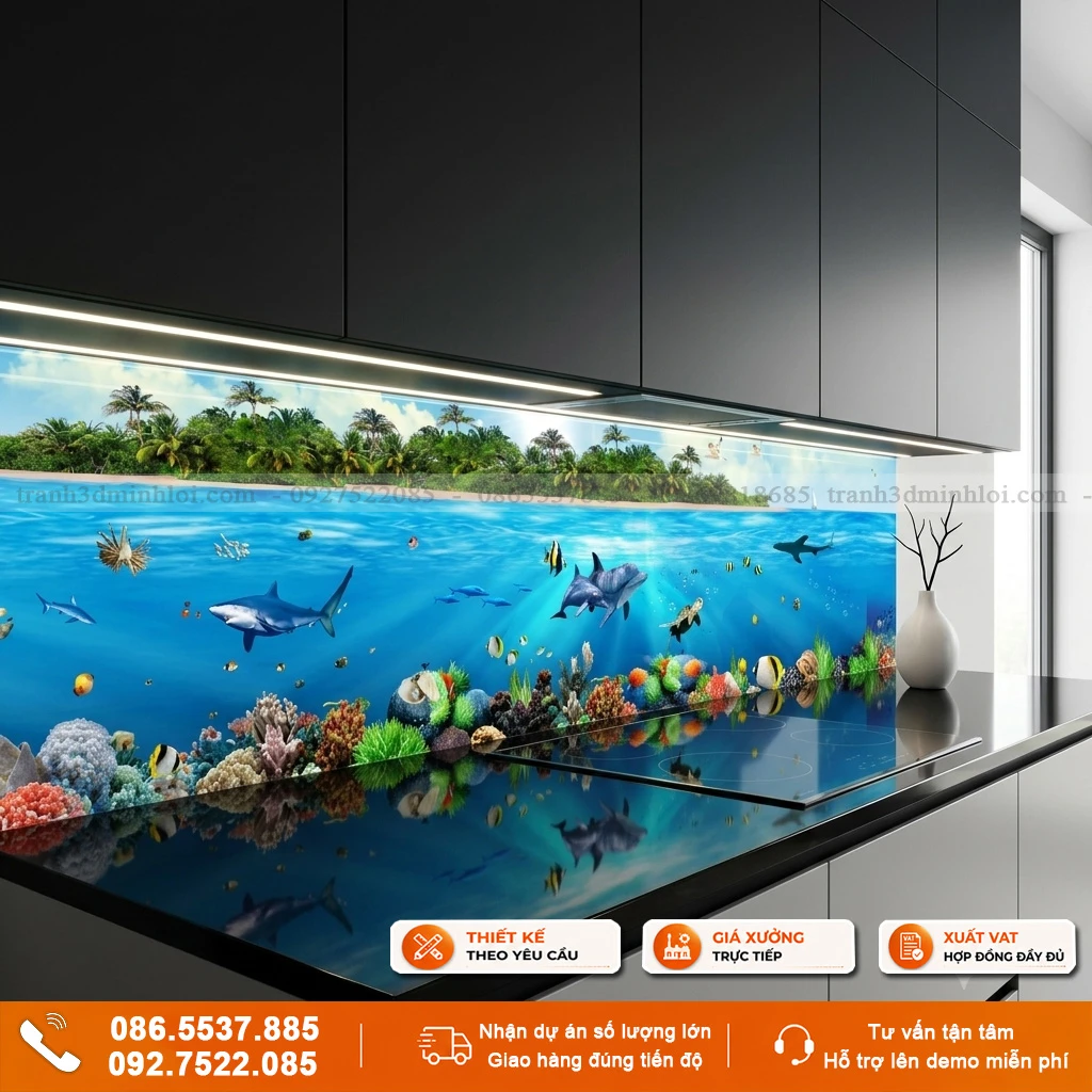 Kính ốp bếp mẫu đại dương
