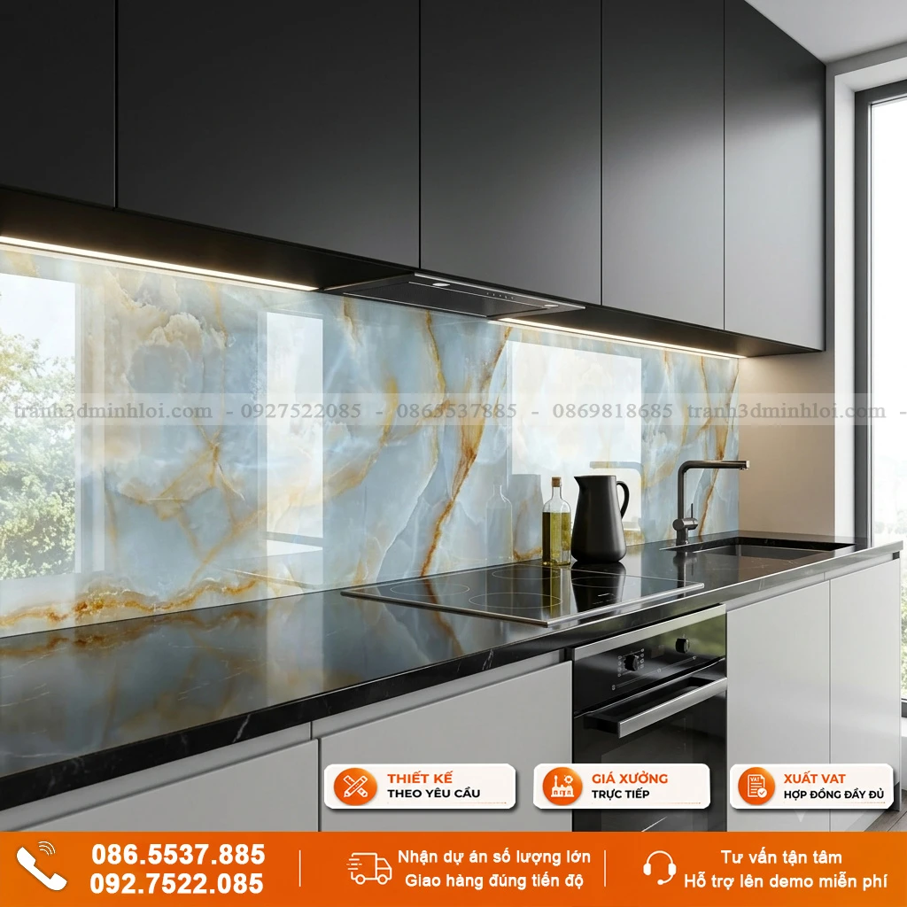 Kính ốp bếp vân đá
