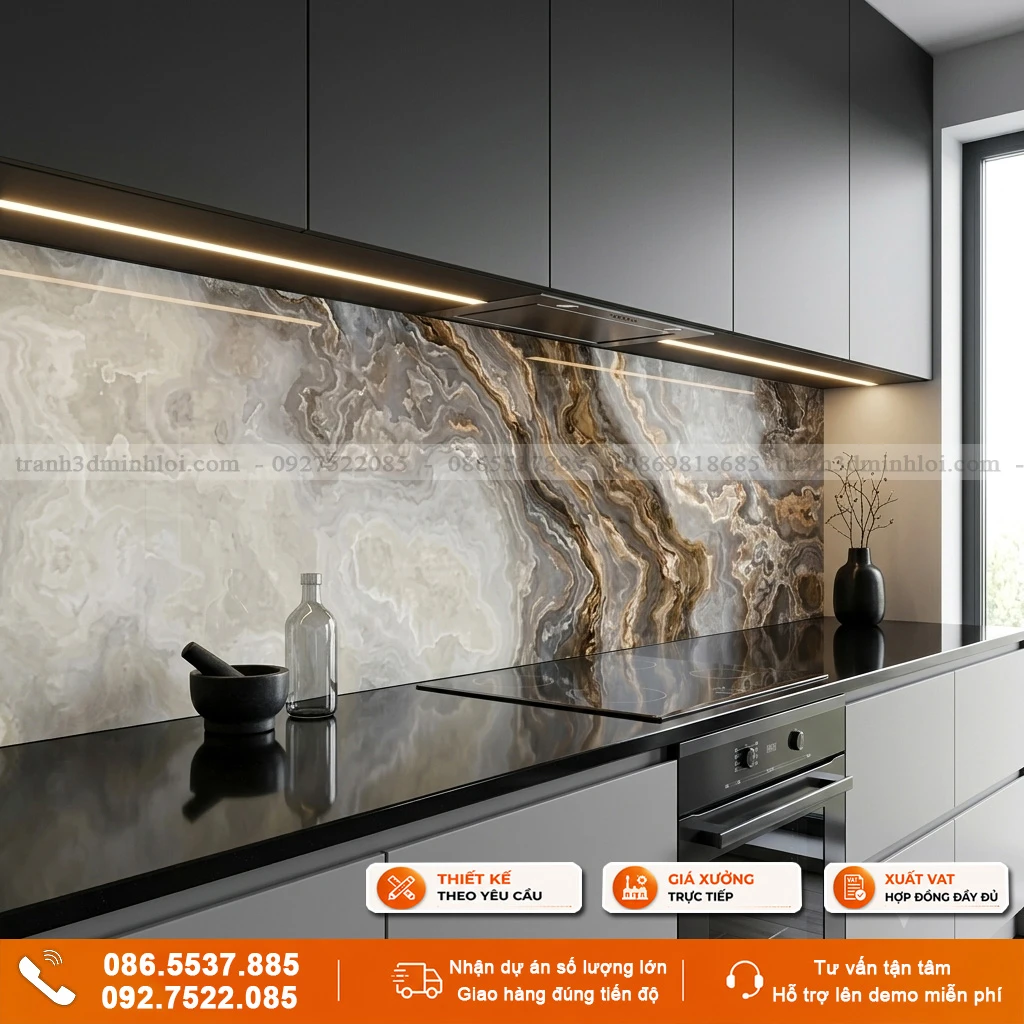 Kính ốp bếp vân đá