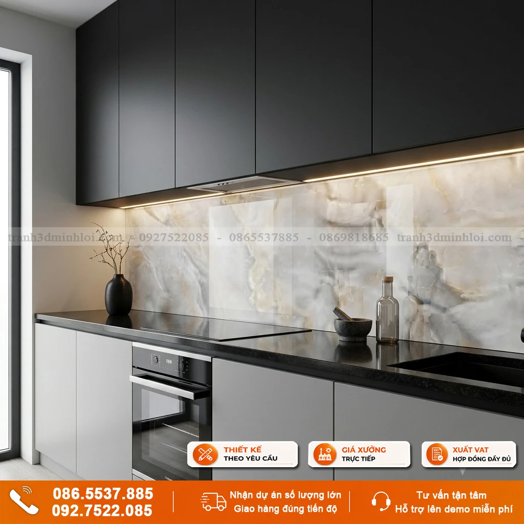 Kính ốp bếp vân đá