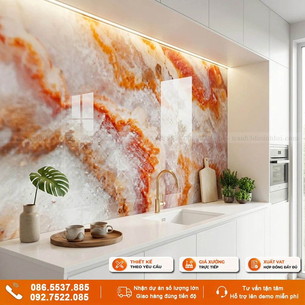 Kính ốp bếp vân đá