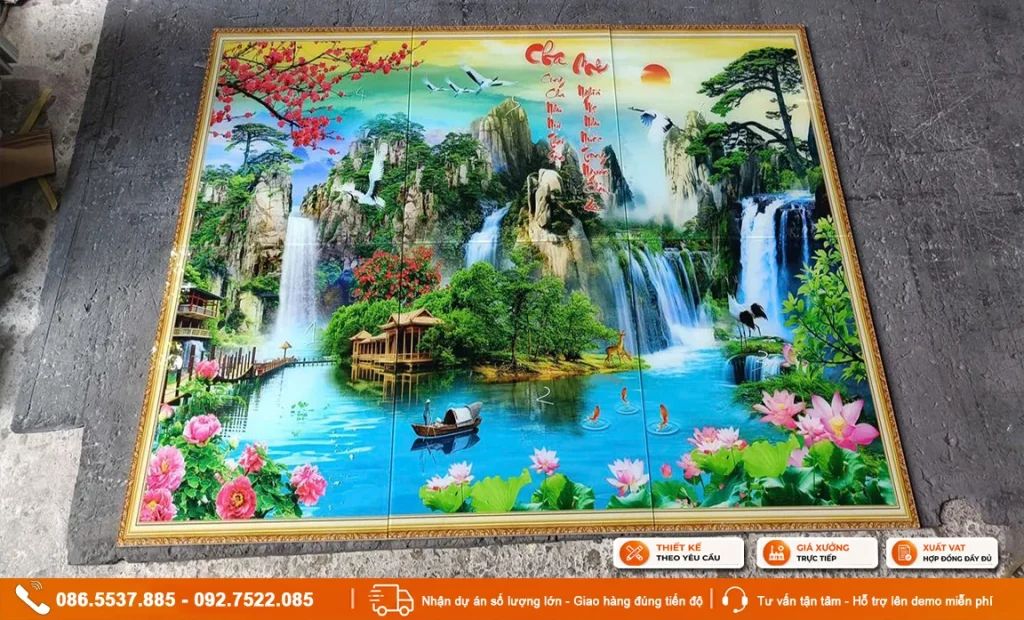 Tranh gạch ép kính mẫu sơn thuỷ hữu tình lưu thuỷ sinh tài