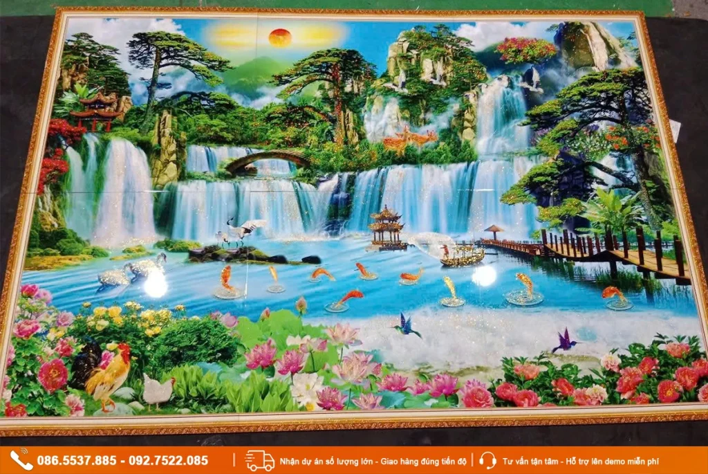 Tranh lưu thuỷ sinh tài, nước chảy sinh tài, tranh sơn thuỷ hữu tình gạch 3D giá xưởng