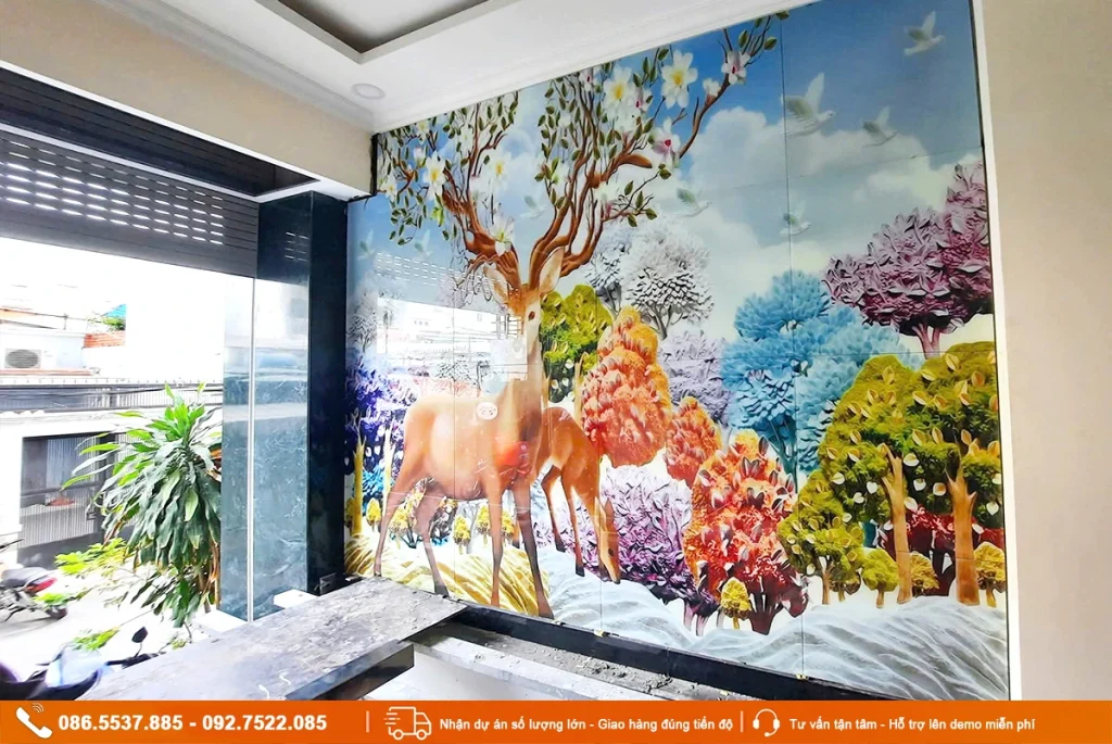 Tranh huơu tài lộc gạch 3D ốp tường phòng khách