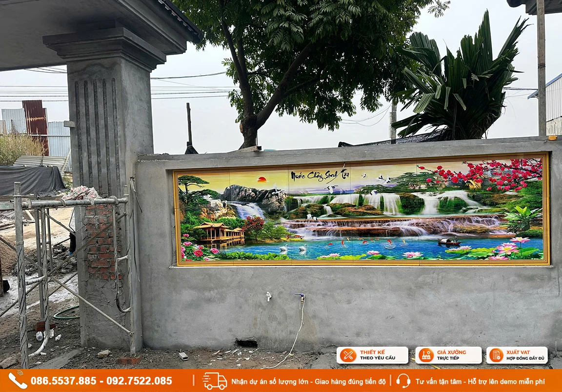 Tranh sơn thuỷ hữu tình lưu thuỷ sinh tài ốp tường rào
