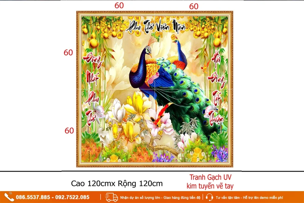 Tranh chim công phú quý gạch 3D kim tuyến vẽ tay