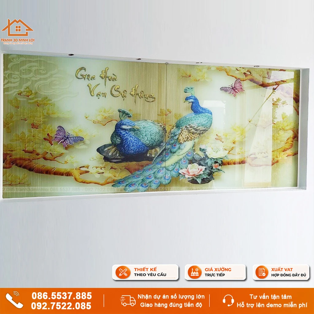 Tranh chim công gia hoà vạn sự hưng ốp tường phòng khách