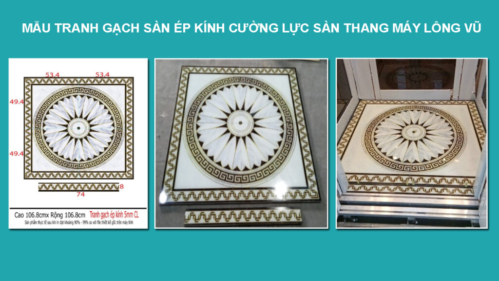 Tranh gạch ép kính cường lực sàn thang máy lông vũ