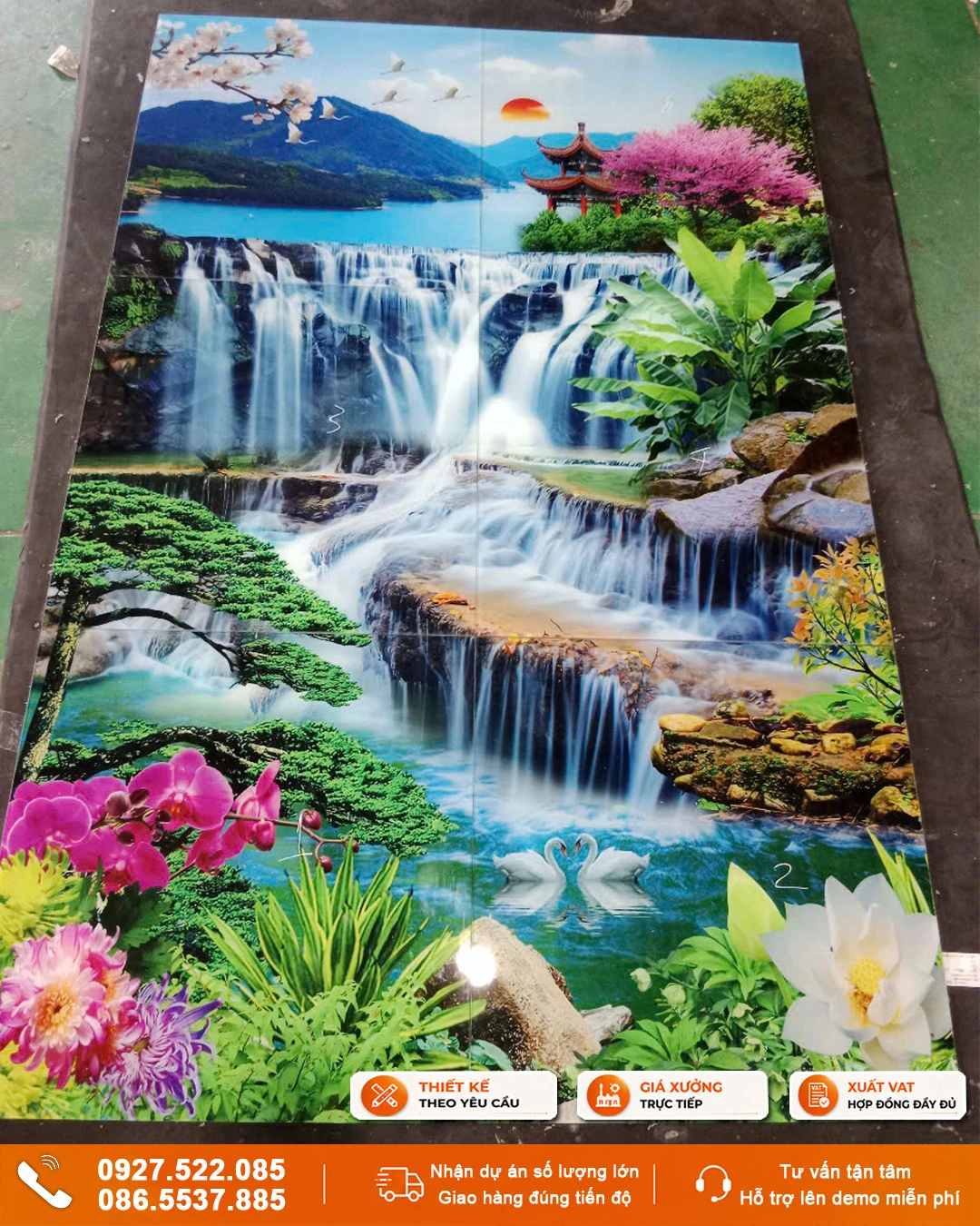 Tranh sơn thuỷ hữu tình lưu thuỷ sinh tài - tranh gạch 3D ốp tường