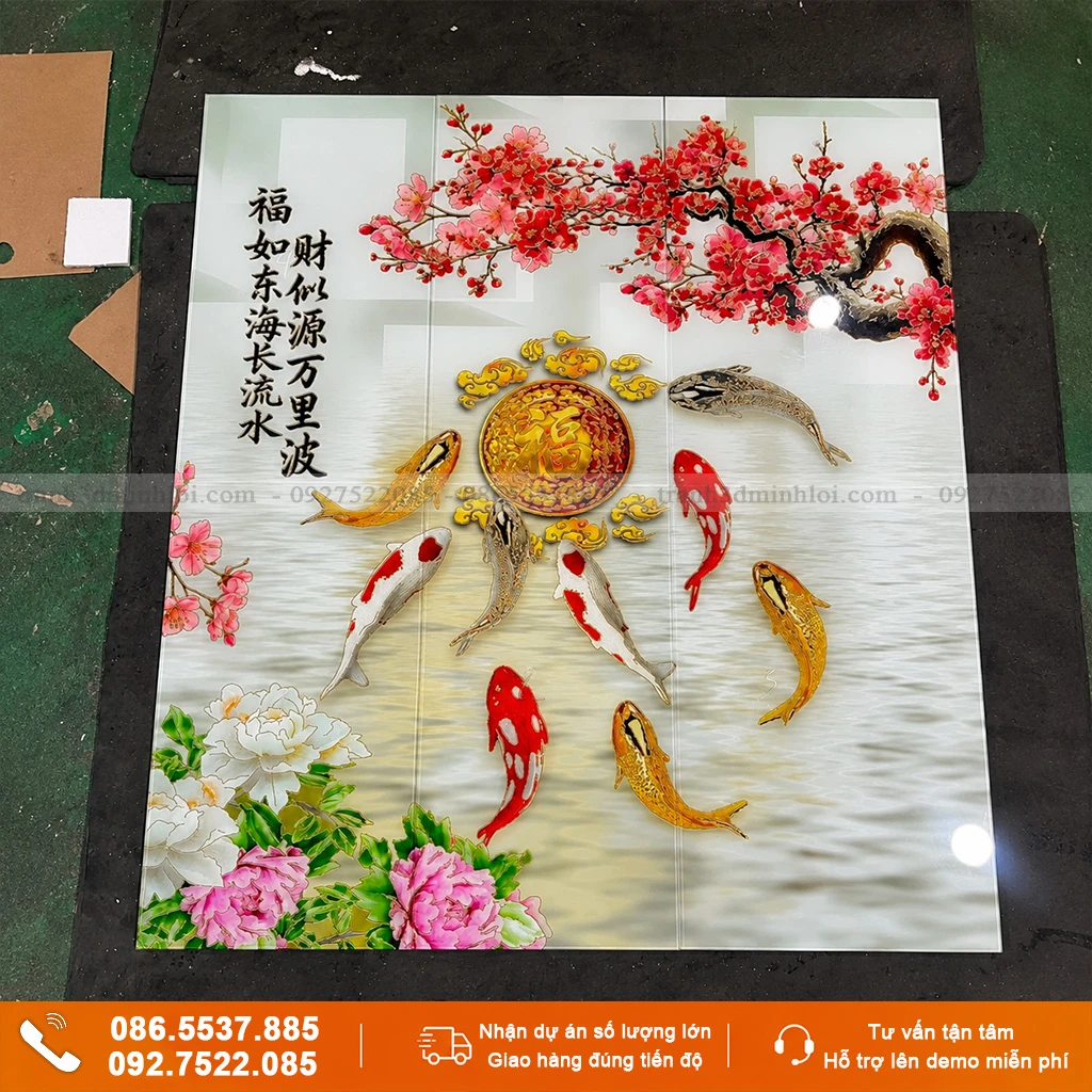 Tranh cửu ngư quần hội tranh gạch 3D kim tuyến định hình