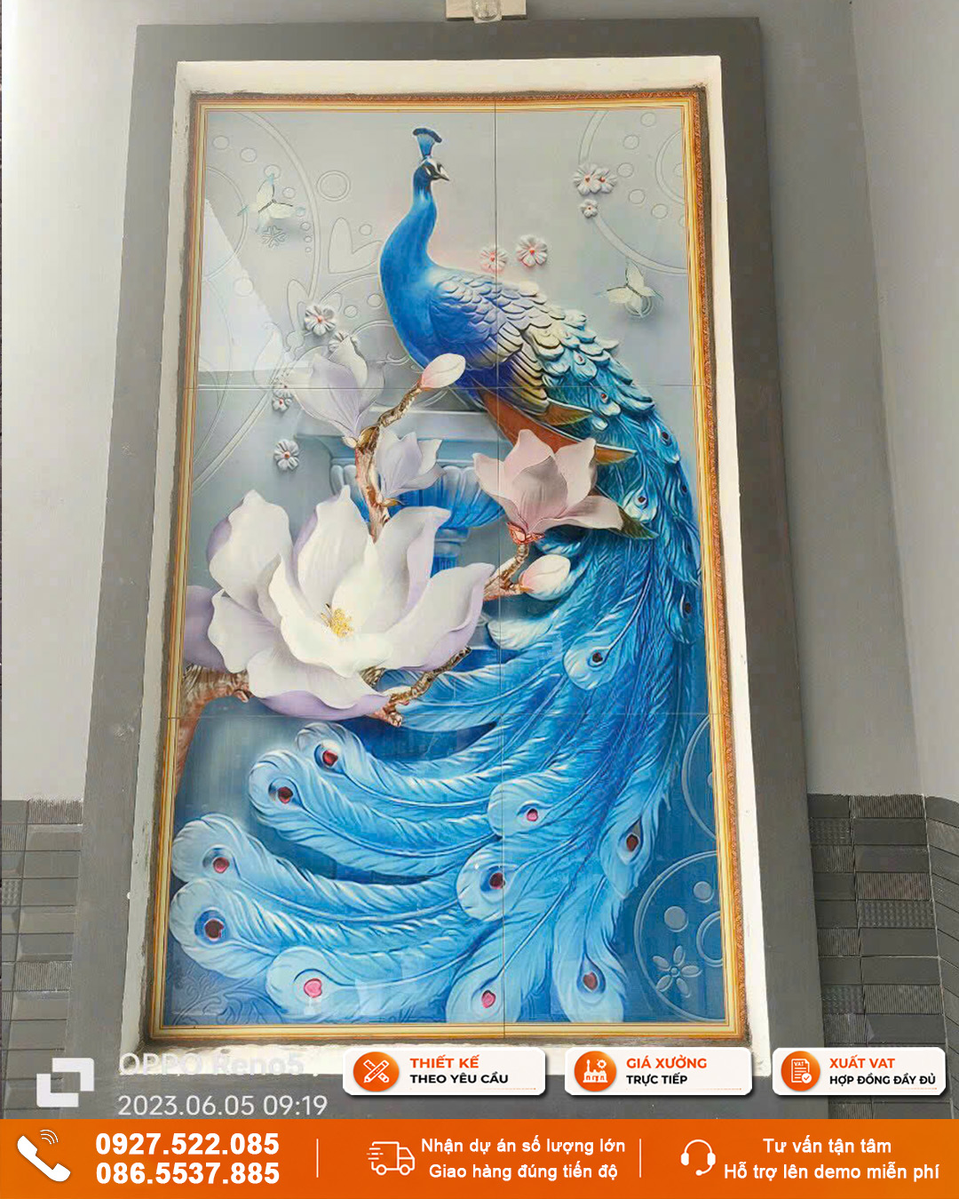 Tranh hoa mẫu đơn chim công ốp tường