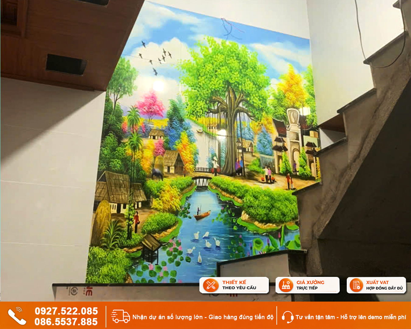 Tranh đồng quê gạch 3D ốp tường lối lên cầu thang