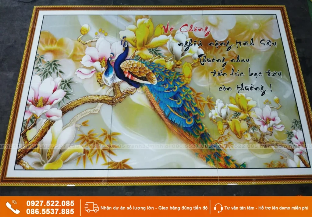 Tranh gạch 3D ốp tường phòng ngủ mẫu Chim công hoa mộc lan