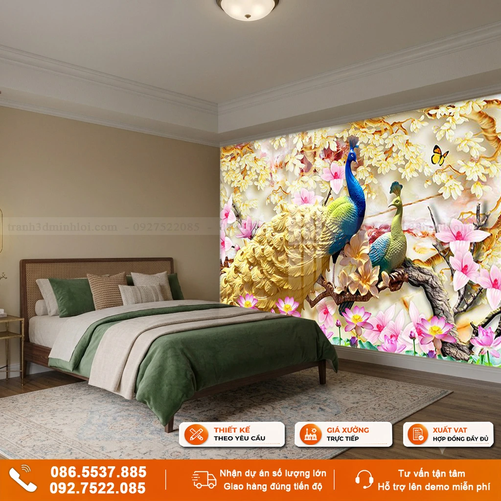 Tranh đôi chim công 3D ốp tường