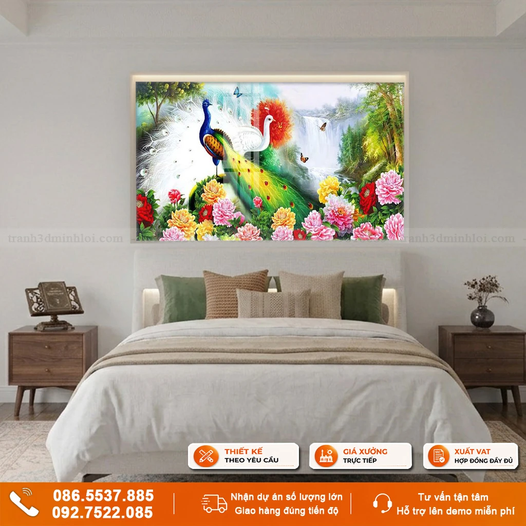 Tranh chim công hoa mẫu đơn decor phòng ngủ
