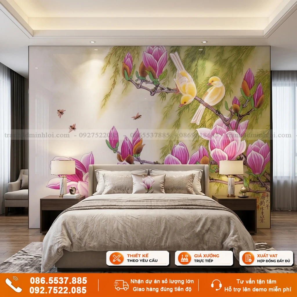 Tranh ốp tường phòng ngủ mẫu hoa mộc lan phú quý