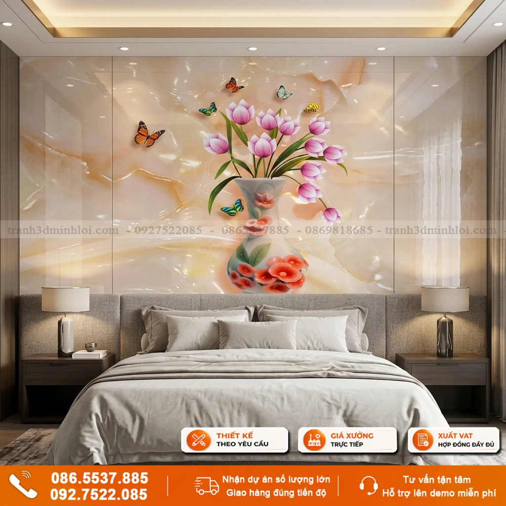 Tranh gạch ốp tường phòng ngủ mẫu hoa tulip và lan