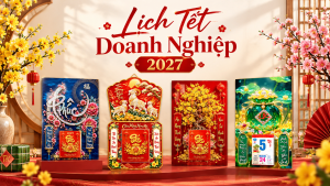 Bộ sưu tập Lịch Tết Doanh Nghiệp 2027 với nhiều mẫu lịch sang trọng, nổi bật sắc đỏ – vàng và họa tiết Tết truyền thống.