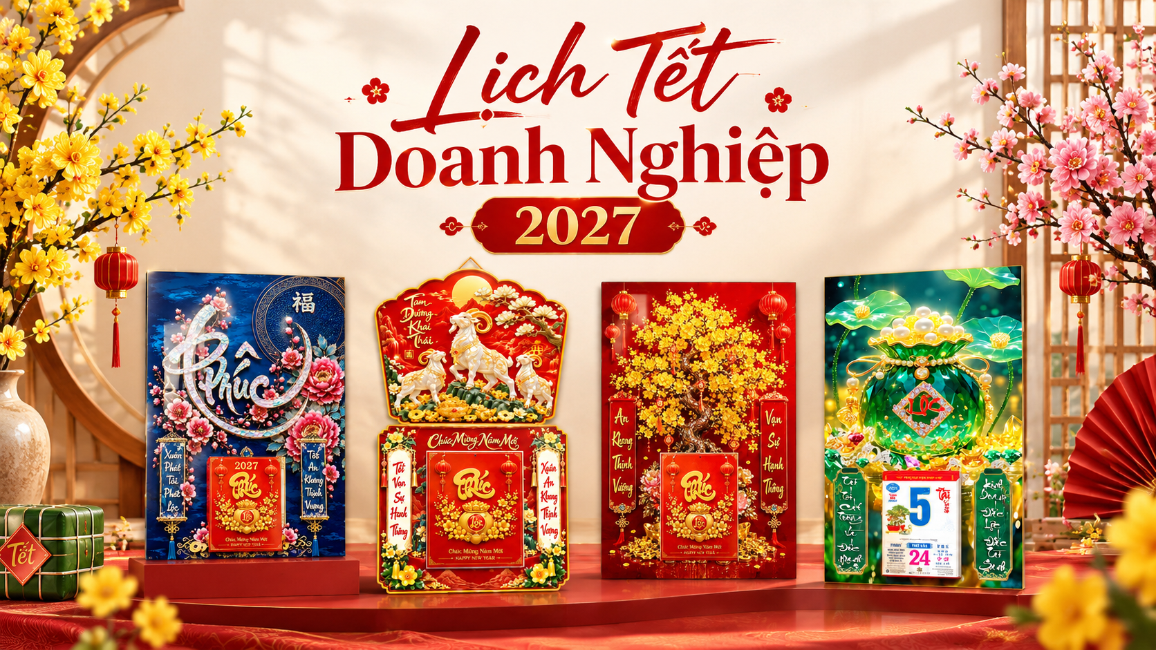 Bộ sưu tập Lịch Tết Doanh Nghiệp 2027 với nhiều mẫu lịch sang trọng, nổi bật sắc đỏ – vàng và họa tiết Tết truyền thống.