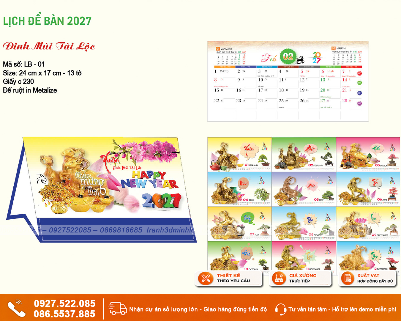 Bộ sưu tập Lịch Tết Doanh Nghiệp 2027 với nhiều mẫu lịch sang trọng, nổi bật sắc đỏ – vàng và họa tiết Tết truyền thống.