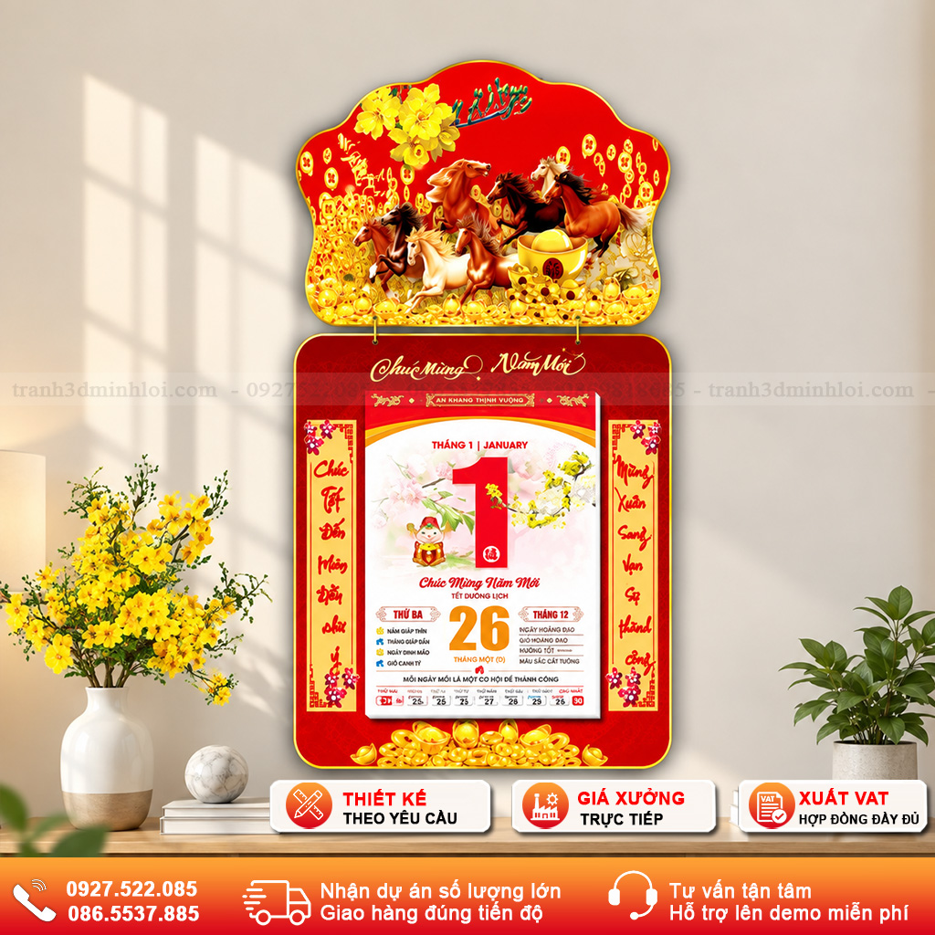 Bộ sưu tập Lịch Tết Doanh Nghiệp 2027 với nhiều mẫu lịch sang trọng, nổi bật sắc đỏ – vàng và họa tiết Tết truyền thống.